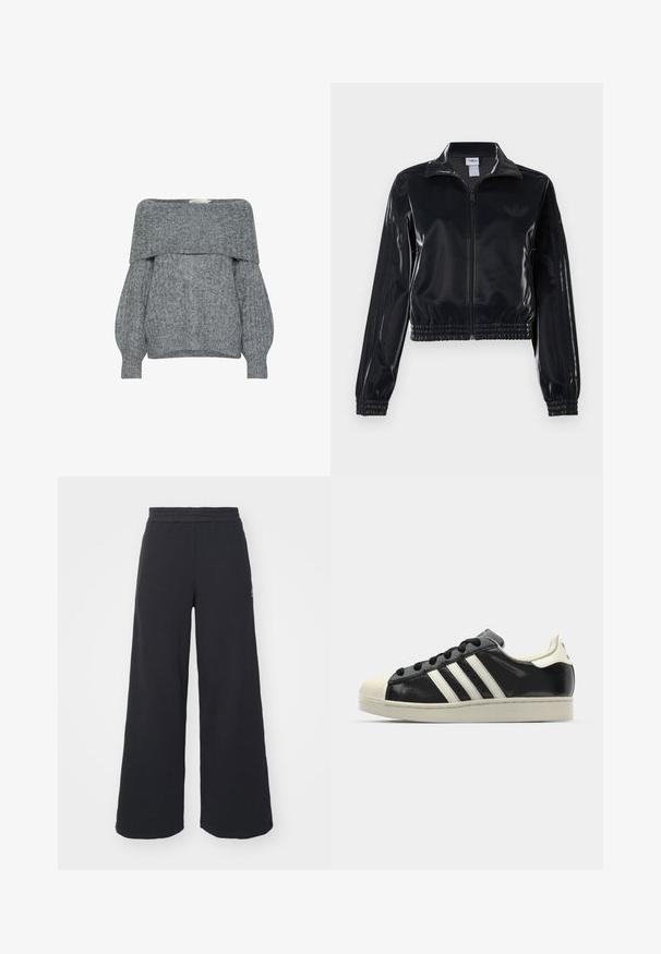 Jachetă sport neagră, lucioasă, cu fermoar, cu manșete și tiv elastic, având detalii subtile cu trei dungi pe mâneci și un logo tonal pe piept.; Pulover gri, cu umerii nemișcați, având o textură cu nervuri, mâneci tip balon și guler pliat. Material tricotat moale cu un design casual.; Pantaloni de trening negri, cu picioare largi, confecționați dintr-un material moale, având un talie elastică și un logo mic pe partea stângă.; Sneaker din piele neagră cu dungi albe, vârf din cauciuc, șireturi negre și talpă de culoare crem. Textură netedă cu finisaj strălucitor.