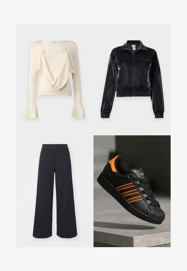 Melna spīdīga zip-up sporta jaka ar elastīgām piedurknēm un apakšmalu, ar smalku trīsrindu detaļu uz piedurknēm un tonālu logotipu uz krūšu daļas.; Kreemkrāsas džemperis ar dziļu V veida kakla izgriezumu, plūstošu priekšpusi un garām piegulošām piedurknēm ar zvana formu. Mīksta tekstūra un pogu detaļa priekšpusē.; Melni platās svārku bikses, izgatavotas no mīksta auduma, ar elastīgu jostas daļu un mazu logotipu kreisajā pusē.; Melnas kedas ar oranžiem akcentiem, trīs horizontālas svītras, teksturēts ādas augšdaļa, gumijas purngala daļa un melnas auklas.