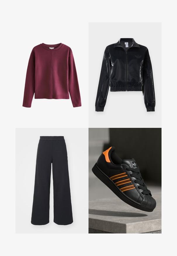 Jachetă sport neagră, lucioasă, cu fermoar, cu manșete și tiv elastic, având detalii subtile cu trei dungi pe mâneci și un logo tonal pe piept.; Pulover tricotat în culoarea burgundă, cu guler rotund și dantelat, mâneci lungi și o croială lejeră. Dispune de un design frontal fără cusături și textură moale.; Pantaloni de trening negri, cu picioare largi, confecționați dintr-un material moale, având un talie elastică și un logo mic pe partea stângă.; Adidași negri cu accente portocalii, trei dungi orizontale, parte superioară din piele texturată, capac de cauciuc pentru vârf și șireturi negre.