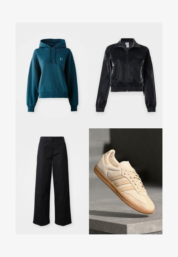 Sort, blank glans zip-jakke med elastiske manchetter og kant, der har diskrete tre-stribe detaljer på ærmerne og et tonalt logo på brystet.; Teal hættejakke lavet af blødt stof, med snortræk i hætten, ribbede manchetter og kant, samt et lille logo-patch på brystet.; Sorte brede bukser lavet af blødt bomuldsstof. Har en klassisk talje, sidelommer og en lige skæring til kanten.; Lys beige ruskinds sneakers med gummisål, tre diagonale striber og en tekstureret tætsko. Har logo på tungen og siden.