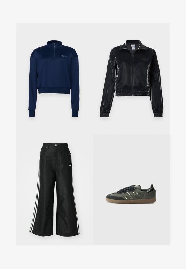 Jachetă sport neagră, lucioasă, cu fermoar, cu manșete și tiv elastic, având detalii subtile cu trei dungi pe mâneci și un logo tonal pe piept.; Sweatshirt bleu marin cu guler cu fermoar, confecționat dintr-un material moale, având mâneci lungi și un design cropped cu tiv și manșete cu nervuri.; Pantaloni din denim negri, cu croi evazat, având trei dungi albastre pe fiecare parte și un mic logo alb. Dispune de buzunare frontale și închidere cu buton.; adidas Originals SAMBA OG - Sneakers low - core black/legend earth/gum