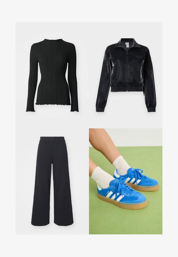 Μαύρο γυαλιστερό ζακέτα με φερμουάρ και ελαστικούς καρπούς και στρίφωμα, με διακριτικές τρεις λωρίδες στα μανίκια και λογότυπο σε τονική απόχρωση στο στήθος.; Μαύρο ριγέ μπλουζάκι με μακριά μανίκια και ψηλό γιακά, με διακοσμητικές άκρες, που διαθέτει εφαρμοστό σχέδιο που τονίζει το υφασμάτινο υλικό.; Μαύρα ανοιχτά παντελόνια φόρμας από μαλακό υλικό, με ελαστική μέση και μικρό λογότυπο στην αριστερή πλευρά.; Μπλε σουέντ αθλητικά παπούτσια με λευκές ρίγες, καουτσούκ σόλα, στρογγυλή μύτη και υφασμάτινα κορδόνια. Συνδυασμένα με κρέμ κάλτσες πάνω σε πράσινη επιφάνεια.