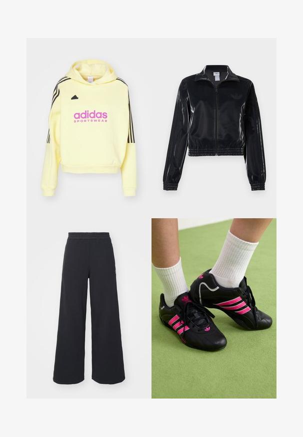 Čierna lesklá zipsová športová bunda s elastickými manžetami a spodným lemom, ktorá má jemné trojpruhové detaily na rukávoch a tonálny logotyp na hrudi.; adidas Sportswear TIRO CUT 3 STRIPES HOODIE - Mikina s kapucňou - almost yellow melange/legend ink; Čierne širšie tepláky vyrobené z mäkkej látky, s elastickým pásom a malým logom na ľavej strane.; Čierne športové topánky s troma ružovými pruhmi, s textúrovaným koženým zvrškom, čiernymi šnúrkami a detailom loga, spárované s bielymi rebrovanými ponožkami na zelenej ploche.