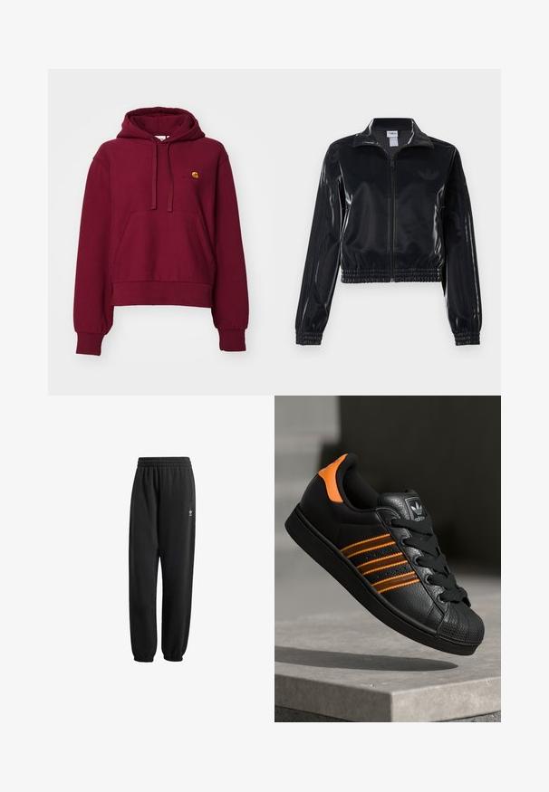 Czarna, błyszcząca kurtka sportowa na zamek błyskawiczny z elastycznymi mankietami i dołem, z subtelnym detalem w postaci trzech pasków na rękawach oraz stonowanym logo na klatce piersiowej.; Burgundowa bluza z kapturem wykonana z mieszanki bawełny, z przednią kieszenią typu kangur, ściągaczami na rękawach oraz haftowanym logo na klatce piersiowej.; Czarne dresy wykonane z miękkiego, teksturowanego materiału. Posiadają elastyczny pas, ściągacze oraz małe białe logo w okolicy biodra.; Czarne sneakersy z pomarańczowymi akcentami, trzema poziomymi paseczkami, skórzaną cholewką o teksturowanej powierzchni, gumowym noskiem i czarnymi sznurówkami.