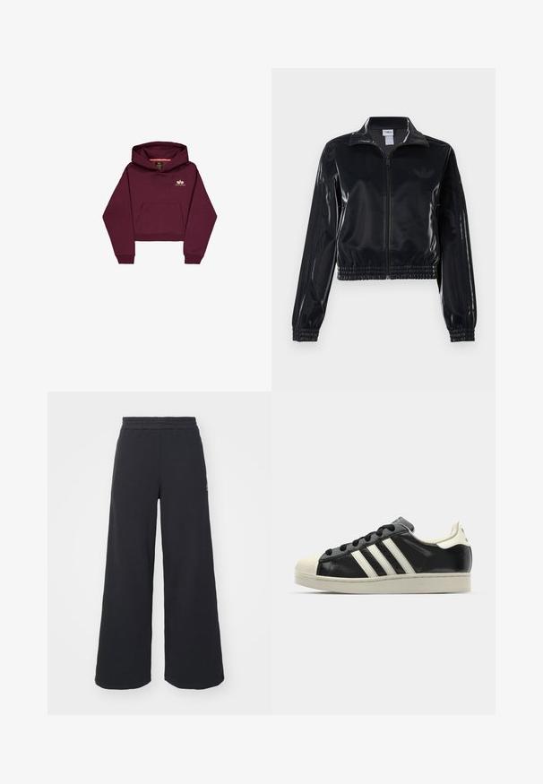 Juodas blizgus zip-up sportinis švarkas su elastinėmis rankovėmis ir apatine dalimi, su subtiliais trimis juostomis ant rankovių ir toniniu logotipu krūtinėje.; Burgundi spalvos trumpas džemperis, pagamintas iš minkštos medžiagos, su priekinėmis kišenėmis ir mažesniu logotipo akcentu ant krūtinės. Ilgos rankovės su guma.; Juoda plačių kojų sportinė kelnė, pagaminta iš minkštos medžiagos, su elastinga juosmens juosta ir mažu logotipu kairėje pusėje.; Juodi odiniai sportiniai bateliai su baltais dryžiais, guminis toe kapas, juodi raišteliai ir kreminis padas. Lygus pavirčius su blizgiu finišu.