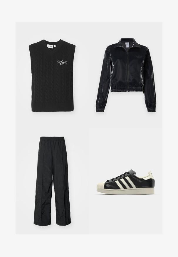 Fekete, fényes, cipzáras sportdzseki elasztikus mandzsettával és aljjal, a mára árnyalatú háromcsíkozás a ujjakon és egy tónusbeli logó a mellkason.; Carhartt WIP SIGNATURE - Pulóver - black/wax; Fekete, bő szárú nadrág, rugalmas derékkal, sima textúrával és oldalsó varrással a dizájn fokozása érdekében.; Fekete bőrsneaker fehér csíkokkal, gumírozott orral, fekete fűzővel és krém színű talppal. Simaság és fényes felület jellemzi.