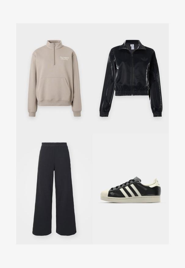 Schwarze, glänzende Trackjacke mit Reißverschluss und elastischen Bündchen und Saum, die dezente Drei-Streifen-Details an den Ärmeln und ein tonales Logo auf der Brust aufweist.; Beige Sweatshirt mit halbseitigem Reißverschluss-Kragen, vorderer Taschenöffnung, gerippten Manschetten und Saum, mit einem weißen Logo auf der linken Brust.; Schwarze weite Sweatpants aus weichem Material, mit einem elastischen Taillenbund und einem kleinen Logo auf der linken Seite.; Schwarze Ledersneaker mit weißen Streifen, Gummikappe, schwarzen Schnürsenkeln und einer cremefarbenen Sohle. Glatte Textur mit glänzender Oberfläche.