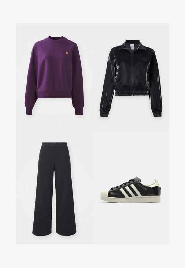 Black glossy zip-up track jacket with elastic cuffs and hem, featuring subtle three-stripe detailing on sleeves and a tonal logo on chest.; Purple sweatshirt made of cotton, featuring a round neck and ribbed cuffs. It has a small yellow logo on the chest. Cropped design.; Black wide-leg sweatpants made from soft fabric, featuring an elastic waistband and a small logo on the left side.; Black leather sneaker with white stripes, rubber toe cap, black laces, and a cream-colored outsole. Smooth texture with shiny finish.