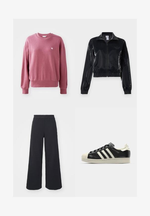Čierna lesklá zipsová športová bunda s elastickými manžetami a spodným lemom, ktorá má jemné trojpruhové detaily na rukávoch a tonálny logotyp na hrudi.; Ružový sveter vyrobený z mäkkého materiálu, s okrúhlym výstrihom, dlhými rukávmi a rebrovanými manžetami. Malé logo je umiestnené na hrudi.; Čierne širšie tepláky vyrobené z mäkkej látky, s elastickým pásom a malým logom na ľavej strane.; Čierne kožené tenisky s bielymi pruhmi, gumenou špičkou, čiernymi šnúrkami a krémovobielou podrážkou. Hladký povrch s lesklým finišom.