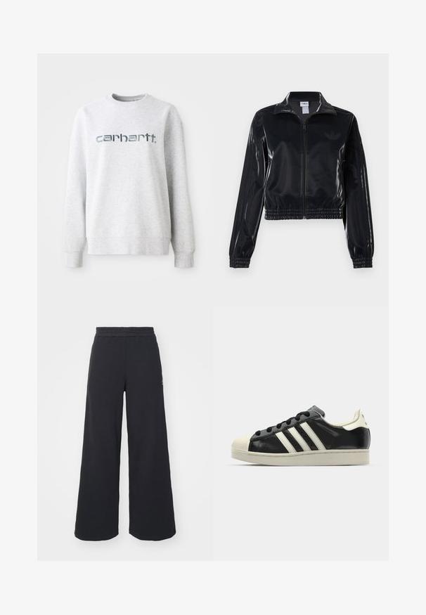Giacca a piedi nera lucida con zip, dotata di polsini e orlo elastici, con discreti dettagli a tre strisce sulle maniche e un logo tonale sul petto.; Felpa in cotone grigio con collo a giro, polsini a coste e un grande logo riflettente "carhartt" sul davanti.; Pantaloni felpati neri a gamba larga realizzati in tessuto morbido, con un elastico in vita e un piccolo logo sul lato sinistro.; Sneaker in pelle nera con strisce bianche, punta in gomma, lacci neri e suola di colore crema. Texture liscia con finitura brillante.