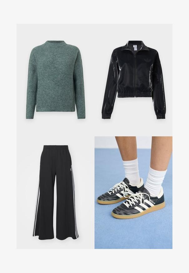 Črna sijajna zip-up trenirka z elastičnimi manšetami in robom, z diskretnimi tridelnimi detajli na rokavih in toniranim logotipom na prsih.; Zeleni rebrasti pleten pulover z visokim ovratnikom in dolgimi rokavi. Mehka tekstura, sproščen kroj in subtilne odtenke po celotni površini.; Črne široke trenirke z elastičnim pasom, ki imajo bele stranske proge in vezeno logo na levi stegna.; Črne usnjene superge z belimi črtami, okroglo konico, belimi vezalkami in gumijastim podplatom. Poudarjene z oblazinjenim ovratnikom in detajli blagovne znamke.