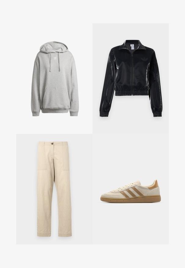 Μαύρο γυαλιστερό ζακέτα με φερμουάρ και ελαστικούς καρπούς και στρίφωμα, με διακριτικές τρεις λωρίδες στα μανίκια και λογότυπο σε τονική απόχρωση στο στήθος.; Γκρι φούτερ με κουκούλα φτιαγμένο από βαμβακερό μείγμα, με μπροστινή τσέπη, ribbed μανίκια και λευκό λογότυπο στο στήθος.; Μπεζ βαμβακερές παντελόνες με ίσια γραμμή, διαθέτουν μπροστινές τσέπες, κλείσιμο με κουμπί και μανσέτες. Λείο υφή και μινιμαλιστικός σχεδιασμός.; Μπεζ σουέτ αθλητικά παπούτσια με ανοιχτό καφέ λεπτομέρειες. Διαθέτουν τρεις καφέ ρίγες, υφασμάτινη σόλα από καουτσούκ με υφή και στρογγυλή σχεδίαση στη μύτη.