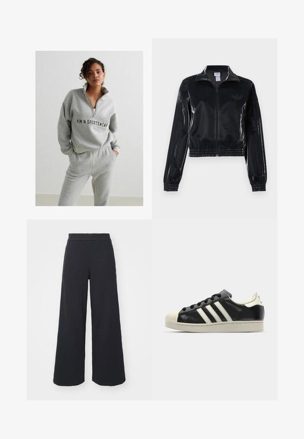 Giacca a piedi nera lucida con zip, dotata di polsini e orlo elastici, con discreti dettagli a tre strisce sulle maniche e un logo tonale sul petto.; Felpa grigia con zip e collo a zip, con un logo centrale. Abbinata a pantaloni sportivi grigi con vita elastica.; Pantaloni felpati neri a gamba larga realizzati in tessuto morbido, con un elastico in vita e un piccolo logo sul lato sinistro.; Sneaker in pelle nera con strisce bianche, punta in gomma, lacci neri e suola di colore crema. Texture liscia con finitura brillante.