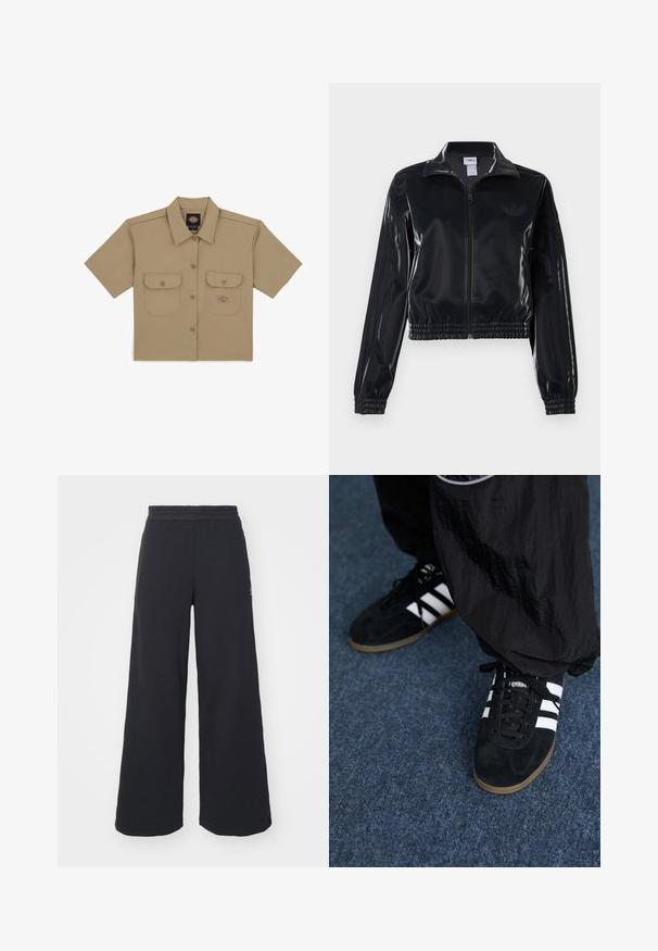 Černá lesklá sportovní bunda na zip s elastickými manžetami a lemem, s jemným trojpruhovým detailem na rukávech a tónovým logem na hrudi.; Dickies WORK CROPPED - Košilová halenka - khaki; Černé široké tepláky vyrobené z měkké tkaniny, s elastickým pasem a malým logem na levé straně.; Černé semišové sportovní boty se třemi bílými pruhy a černými tkaničkami. Částečně viditelné vedle bot jsou texturované černé kalhoty.