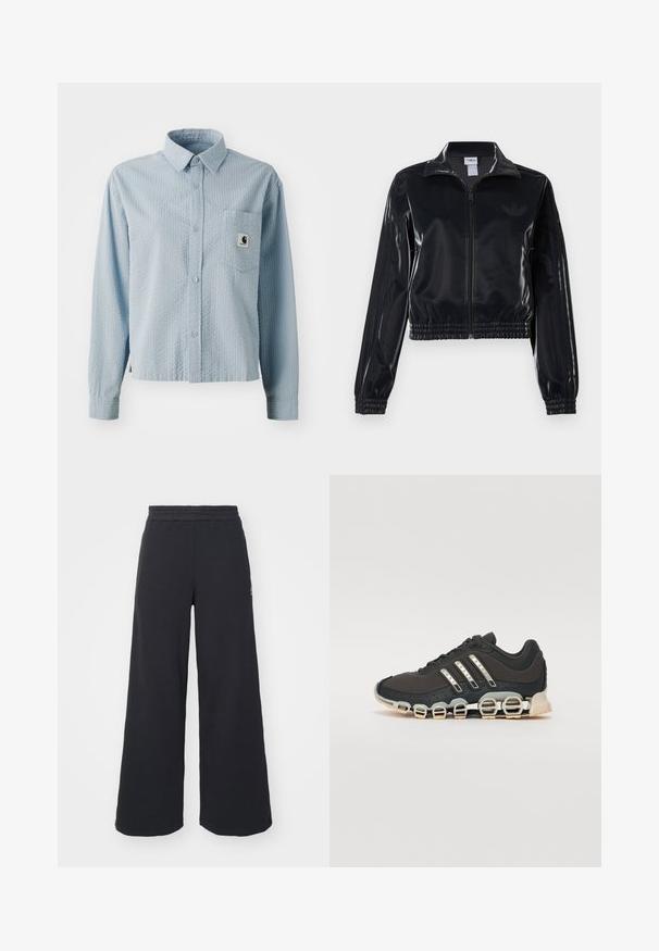 Černá lesklá sportovní bunda na zip s elastickými manžetami a lemem, s jemným trojpruhovým detailem na rukávech a tónovým logem na hrudi.; Světle modrá košile s dlouhým rukávem a knoflíkovým zapínáním, s texturovaným vzorem, náprsní kapsou a logem značky na kapse. Vyrobena z tkané látky.; Černé široké tepláky vyrobené z měkké tkaniny, s elastickým pasem a malým logem na levé straně.; Černá atletická bota s texturovaným svrškem, třemi stříbrnými pruhy a výraznou odpruženou podrážkou se spoustou integrovaných sekcí.