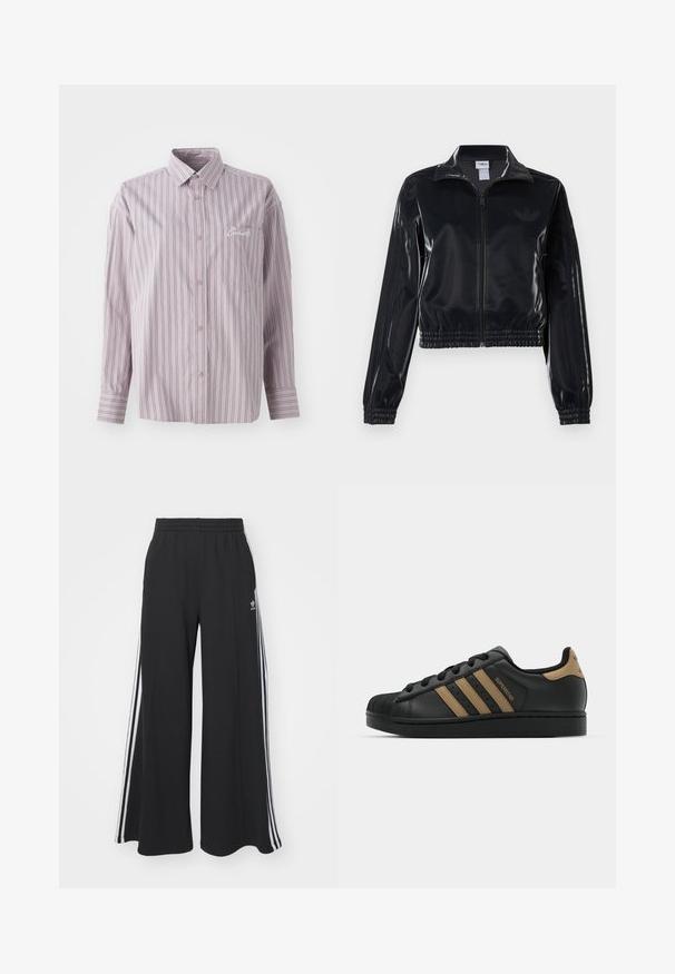 Schwarze, glänzende Trackjacke mit Reißverschluss und elastischen Bündchen und Saum, die dezente Drei-Streifen-Details an den Ärmeln und ein tonales Logo auf der Brust aufweist.; Lavendelfarbenes Button-up-Hemd mit vertikalen Streifen in Dunkelgrau. Verfügt über eine kleine Brusttasche und ein gesticktes Logo auf der linken Seite.; Schwarze weite Sweatpants mit elastischem Bund, versehen mit weißen Seitestreifen und einem gestickten Logo auf dem linken Oberschenkel.; Schwarze Ledersneaker mit drei braunen Streifen, strukturiertem Gummi-Zehenkappe, Schnürverschluss und flacher schwarzer Sohle. Verfügt über ein dezentes Logo an der Ferse.