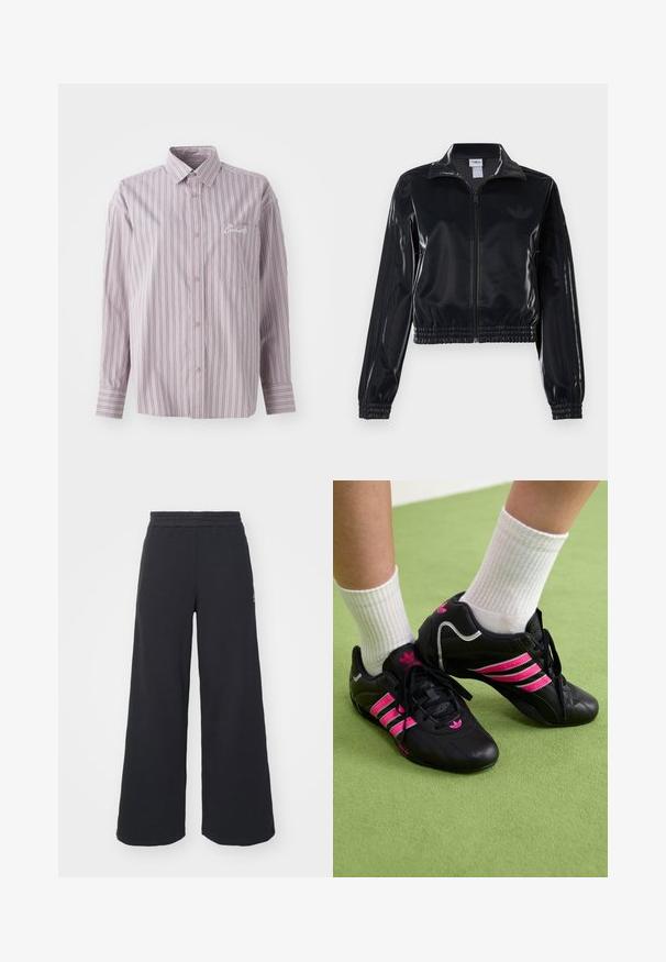 Czarna, błyszcząca kurtka sportowa na zamek błyskawiczny z elastycznymi mankietami i dołem, z subtelnym detalem w postaci trzech pasków na rękawach oraz stonowanym logo na klatce piersiowej.; Koszula na guziki w kolorze lawendowym, z pionowymi paskami w ciemnoszarym kolorze. Posiada małą kieszonkę na piersi oraz haftowane logo po lewej stronie.; Czarne szerokie spodnie dresowe wykonane z miękkiego materiału, z elastycznym paskiem w talii oraz małym logo po lewej stronie.; Czarne buty sportowe z trzema różowymi paskami, górna część z teksturowanej skóry, czarne sznurówki i detal z logo, w połączeniu z białymi skarpetkami o żeberkowej strukturze na zielonej powierzchni.