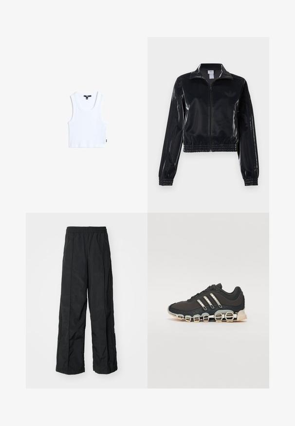 Černá lesklá sportovní bunda na zip s elastickými manžetami a lemem, s jemným trojpruhovým detailem na rukávech a tónovým logem na hrudi.; Bílý bavlněný top bez rukávů s ribbovanou strukturou, kulatým výstřihem a širokými ramínky. Na lemu se nachází malá nášivka značky.; Černé kalhoty s širokými nohavicemi a pružným pasem, které mají hladkou texturu a boční švy pro vylepšení designu.; Černá atletická bota s texturovaným svrškem, třemi stříbrnými pruhy a výraznou odpruženou podrážkou se spoustou integrovaných sekcí.