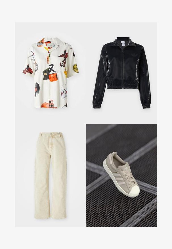 Sort, blank glans zip-jakke med elastiske manchetter og kant, der har diskrete tre-stribe detaljer på ærmerne og et tonalt logo på brystet.; Kortærmet skjorte i hvidt stof med farverige musik-tema tryk, brystlomme og knaplukning fortil med klassisk krave.; Beige bredde denim bukser med høj talje, der har en frontknap og lynlås, bæltesløjfer og sidelommer. Blød tekstur.; Beige Adidas Superstar sneakers med struktureret læderoverdel, tre laterale striber, rund tåhætte og logo på tungen og hælen.