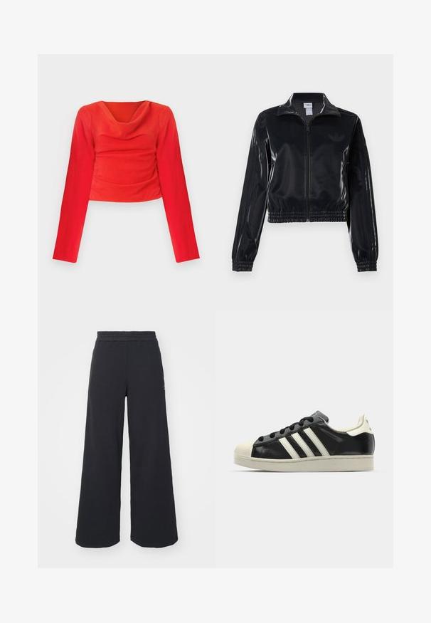 Juodas blizgus zip-up sportinis švarkas su elastinėmis rankovėmis ir apatine dalimi, su subtiliais trimis juostomis ant rankovių ir toniniu logotipu krūtinėje.; Raudonas ilga rankovėmis trumpas viršus su raukšle. Yra tekstūruotas audinys ir susiraukšlėjimai liemenyje, suteikiantys aptemptą siluetą.; Juoda plačių kojų sportinė kelnė, pagaminta iš minkštos medžiagos, su elastinga juosmens juosta ir mažu logotipu kairėje pusėje.; Juodi odiniai sportiniai bateliai su baltais dryžiais, guminis toe kapas, juodi raišteliai ir kreminis padas. Lygus pavirčius su blizgiu finišu.