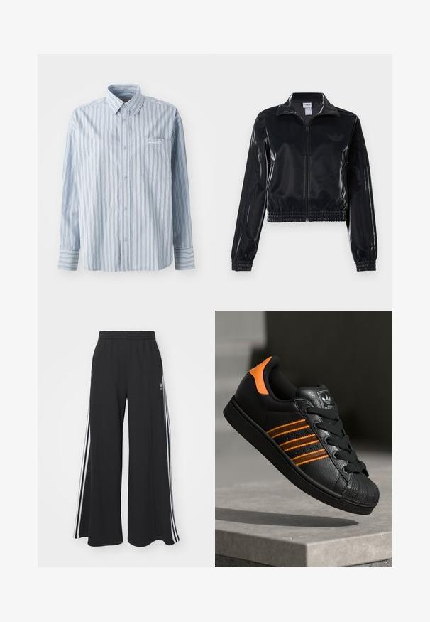 Svart, blänkande zip-up träningsjacka med elastiska ärmslut och nederkant, med diskret tre-rands detalj på ärmarna och en tonad logotyp på bröstet.; Ljusblå långärmad skjorta med knappar, vit och mörk vertikal randning samt en bröstficka som har vit skriptbroderi.; Svarta vida sweatpants med elastisk midje, med vita sidosträck och en broderad logotyp på vänster lår.; Svart sneakers med orange detaljer, tre horisontella ränder, texturerad läderöverdel, gummitåhuvud och svarta snören.