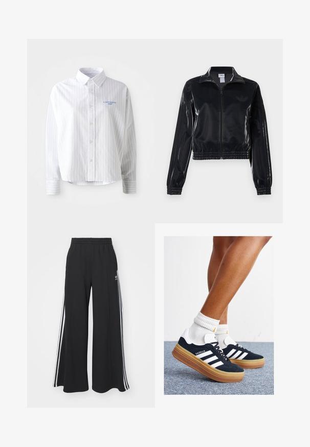 Zwarte glanzende zip-up trainingsjack met elastische mouwen en zoom, met subtiele drie-strepen details op de mouwen en een tonale logo op de borst.; Witte overhemdd met lichtblauwe verticale strepen, een puntige kraag en een klein blauw logo op de linkerborst. Katoenen stof, ontspannen pasvorm.; Zwarte wijde sweatpants met een elastische tailleband, met witte zijstrepen en een geborduurd logo op de linker dij.; Zwarte suède sneakers met witte strepen en accenten, ronde neus, gum rubberen buitenzool, gecombineerd met witte geribbelde crewkousen.