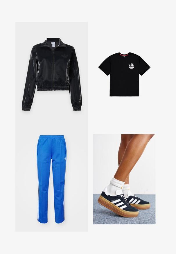 Čierna lesklá zipsová športová bunda s elastickými manžetami a spodným lemom, ktorá má jemné trojpruhové detaily na rukávoch a tonálny logotyp na hrudi.; Čierne bavlnené tričko s okrúhlym výstrihom, krátkymi rukávmi a bielym logom "ALPHA INDUSTRIES" na ľavej hrudi. Mäkká textura.; Modré teplákové nohavice z jemnej látky, s elastickým pásom, bočnými vreckami a bielymi pruhmi pozdĺž strán.; Čierne semišové tenisky s bielymi pruhmi a detailmi, so zaoblenou špičkou, podrážkou z gumovej gumy, doplnené bielymi rebrovanými ponožkami.