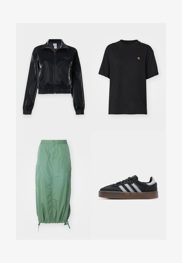 Veste de survêtement noire brillante à fermeture éclair, avec des poignets et un ourlet élastiques, arborant de subtils détails à trois rayures sur les manches et un logo ton sur ton sur le torse.; T-shirt en coton noir à coupe décontractée. Présente un col rond et des manches courtes. Comprend un petit logo doré brodé sur la poitrine.; Carhartt WIP CARGO SKIRT - Jupe trapèze - duck green rinsed; Baskets noires au design élégant, avec trois rayures blanches, une languette noire et une semelle en caoutchouc texturée marron. Accents de lettrage doré.