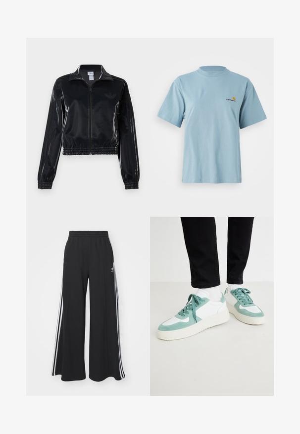 Giacca a piedi nera lucida con zip, dotata di polsini e orlo elastici, con discreti dettagli a tre strisce sulle maniche e un logo tonale sul petto.; Maglietta a maniche corte in cotone azzurro chiaro con colletto rotondo e piccolo logo Carhartt giallo e rosso sul lato sinistro del petto.; Pantaloni in felpa neri a gamba larga con vita elastica, dotati di strisce bianche sui lati e un logo ricamato sulla coscia sinistra.; Sneaker verde menta chiaro e bianche realizzate in suede e mesh, dotate di una suola testurizzata e lacci abbinati. Accentuate con dettagli perforati.