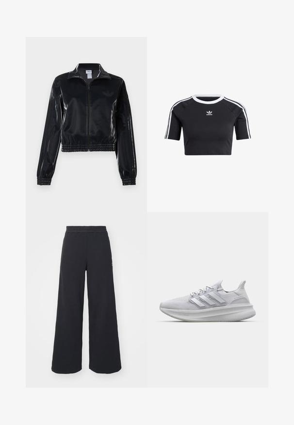 Giacca a piedi nera lucida con zip, dotata di polsini e orlo elastici, con discreti dettagli a tre strisce sulle maniche e un logo tonale sul petto.; T-shirt cropped nera in cotone, con colletto a girocollo bianco a coste, maniche raglan corte e strisce laterali bianche con un piccolo logo.; Pantaloni felpati neri a gamba larga realizzati in tessuto morbido, con un elastico in vita e un piccolo logo sul lato sinistro.; Scarpa sportiva bianca con tomaia in mesh testurizzato, strisce laterali tridimensionali e una suola spessa con la scritta 'LIGHT BOOST'.
