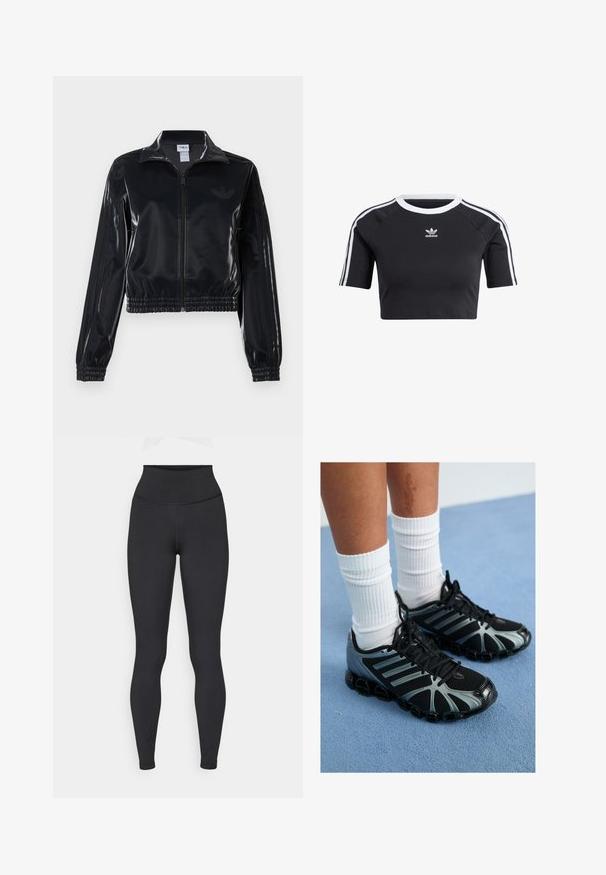 Juodas blizgus zip-up sportinis švarkas su elastinėmis rankovėmis ir apatine dalimi, su subtiliais trimis juostomis ant rankovių ir toniniu logotipu krūtinėje.; Juodas trumpas medvilninis marškinėliai, su baltu tekstūruotu apykakliniu kaklu, trumpomis raglano rankovėmis ir baltais latakais šonuose su mažuoju logotipu.; Aukštai juosmeniški juodi legging'ai, pagaminti iš elastingos medžiagos, su lygiu paviršiumi ir prigludusia forma, be matomų logotipų ar raštų.; Juodos sportinės bateliai su pilkais akcentais ir tinklelio plokštelėmis, turintys tekstūruotą pado ir juodas raišteles, kartu su baltais raukšlėtais kojinėmis.