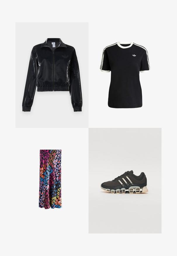 Schwarze, glänzende Trackjacke mit Reißverschluss und elastischen Bündchen und Saum, die dezente Drei-Streifen-Details an den Ärmeln und ein tonales Logo auf der Brust aufweist.; Schwarzes Baumwoll-T-Shirt mit weißen Akzenten am Kragen und an den Ärmeln, ausgestattet mit drei weißen Streifen auf jeder Schulter und einem kleinen Logo auf der Brust.; Next PETITE FIT - Maxirock - bright animal; Schwarzer Sportschuh mit einer strukturierten Oberseite, drei silbernen Streifen und einer markanten Dämpfungssohle mit mehreren integrierten Sektionen.