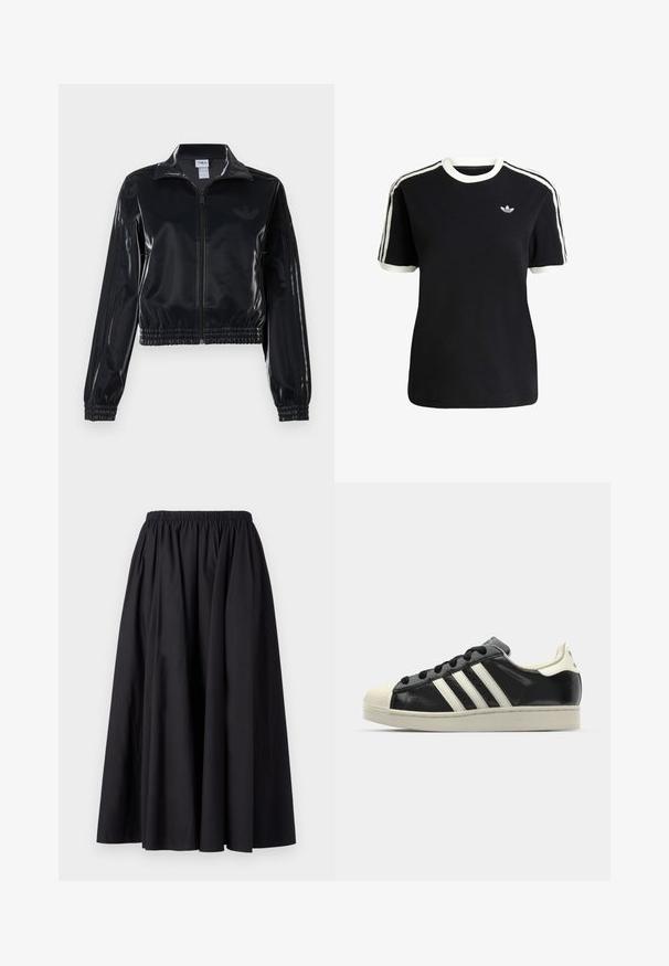 Crna sjajna sportska jakna sa zatvaračem, elastičnim manžetama i donjim rubom, s diskretnim trostrukim detaljima na rukavima i toniranim logotipom na prsima.; Crna pamučna majica s bijelim detaljima na ovratniku i rukavima, s tri bijele pruge na svakom ramenu i malim logotipom na prsima.; Crna, duga suknja s elastičnim pojasom napravljena od glatkog materijala, s punim, lepršavim oblikom. Nema vidljivih uzoraka ili dodataka.; Crni kožni tenisice s bijelim prugama, gumeni zaštitni vrh, crne vezice i bijela potplata boje krem. Glatka tekstura s sjajnim završetkom.