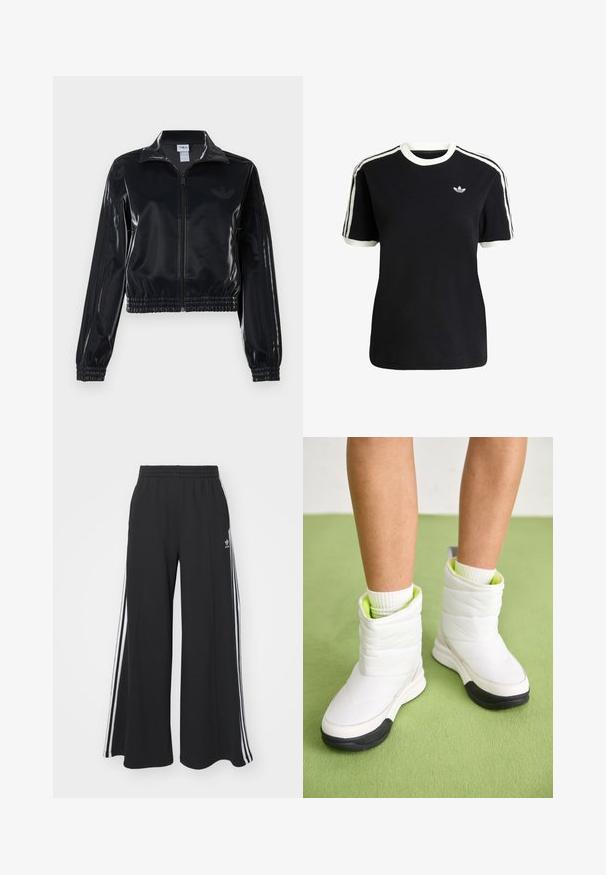 Chaqueta de chándal negra y brillante con cremallera, puños y dobladillo elásticos, que presenta un sutil detalle de tres rayas en las mangas y un logotipo tono sobre tono en el pecho.; Camiseta de algodón negra con acentos en blanco en el cuello y las mangas, que presenta tres rayas blancas en cada hombro y un pequeño logo en el pecho.; Pantalones de chándal negros de pierna ancha con una cinturilla elástica, que presentan franjas blancas a los lados y un logo bordado en el muslo izquierdo.; Botas de tobillo acolchadas blancas con una superficie texturizada, que cuentan con un forro en verde neón y una suela de goma negra.