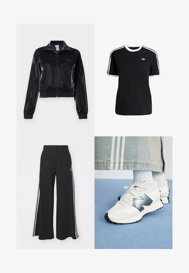 Czarna, błyszcząca kurtka sportowa na zamek błyskawiczny z elastycznymi mankietami i dołem, z subtelnym detalem w postaci trzech pasków na rękawach oraz stonowanym logo na klatce piersiowej.; Czarna bawełniana koszulka z białymi akcentami na kołnierzyku i rękawach, z trzema białymi paskami na każdym ramieniu oraz małym logo na piersi.; Czarne szerokie spodnie dresowe z elastycznym pasem, z białymi paskami po bokach i haftowanym logo na lewej udzie.; Białe sportowe trampki z metalicznym akcentem, teksturowana tkanina i gładka skóra; z czarną gumową podeszwą i sznurowadłami.