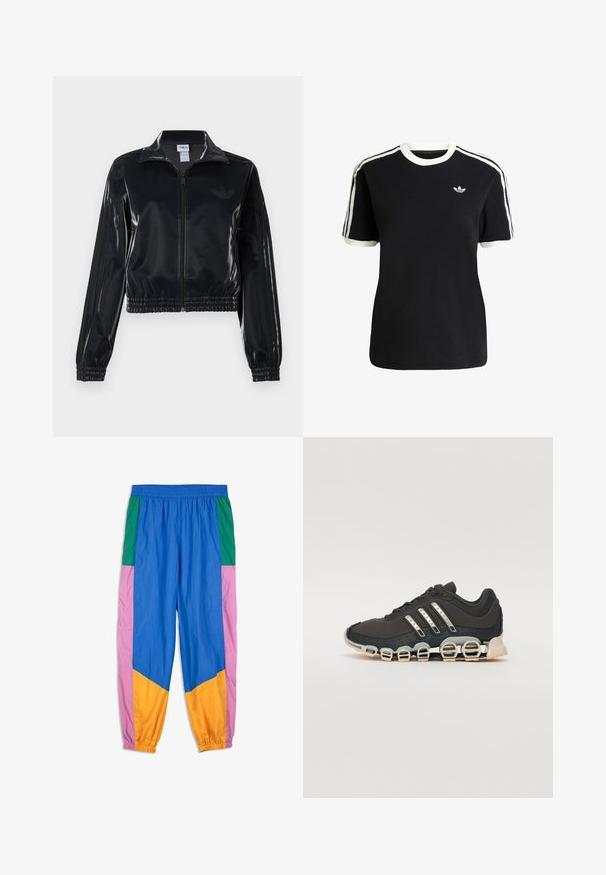 Sort, blank glans zip-jakke med elastiske manchetter og kant, der har diskrete tre-stribe detaljer på ærmerne og et tonalt logo på brystet.; Sort bomulds t-shirt med hvide detaljer på kraven og ærmerne, præget af tre hvide striber på hver skulder og et lille logo på brystet.; Farverige løbebukser med paneler i blå, grøn, pink og orange. Lavet af letvægtsstof med elastisk talje og manchetter.; Sort træningssko med en tekstureret overdel, tre sølvstriber og en karakteristisk støttende sål med flere integrerede sektioner.