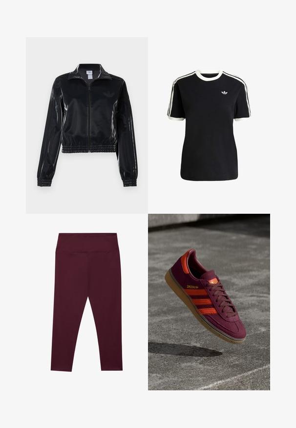 Zwarte glanzende zip-up trainingsjack met elastische mouwen en zoom, met subtiele drie-strepen details op de mouwen en een tonale logo op de borst.; Zwarte katoenen t-shirt met witte accenten op de kraag en mouwen, met drie witte strepen op elke schouder en een klein logo op de borst.; Bordeaux leggings met een hoge tailleband, gemaakt van een gladde, rekbare stof. Heeft een naadloos ontwerp zonder externe zakken.; Bordeaux suède sneaker met oranje strepen en accenten, bruine veters en een gumzool. Heeft een logotag op de tong.