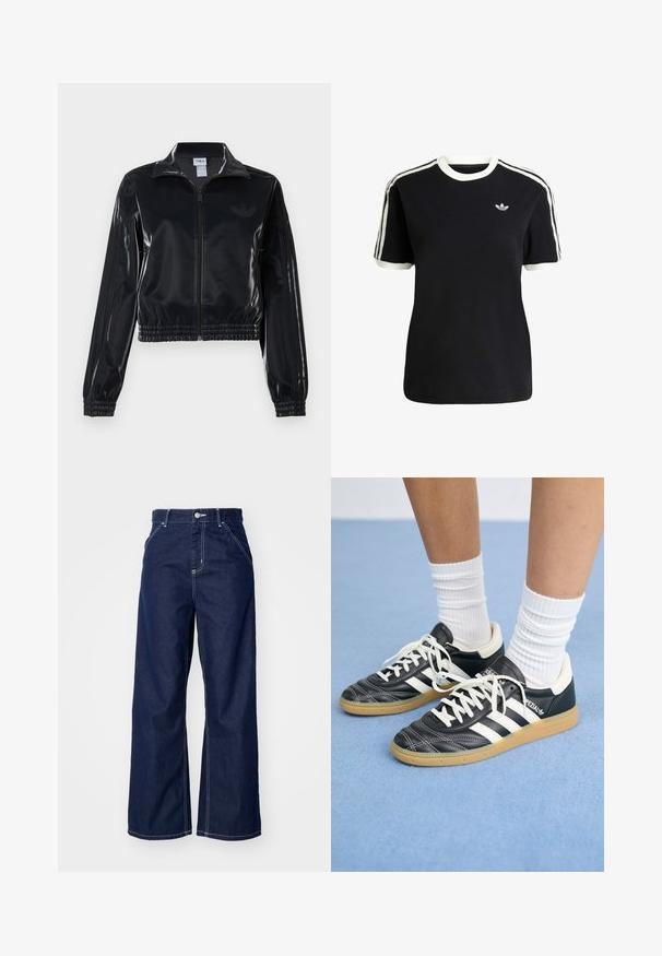 Zwarte glanzende zip-up trainingsjack met elastische mouwen en zoom, met subtiele drie-strepen details op de mouwen en een tonale logo op de borst.; Zwarte katoenen t-shirt met witte accenten op de kraag en mouwen, met drie witte strepen op elke schouder en een klein logo op de borst.; Wijd-uitlopende jeans in donkerblauwe denim, met een hoge taille, contrasterende witte stiksels en een traditionele vijf-pocket ontwerp.; Zwarte leren sneakers met witte strepen, ronde neus, witte veters en een gumrubberen zool. Versterkt met een gevoerd kraag en merkdetails.