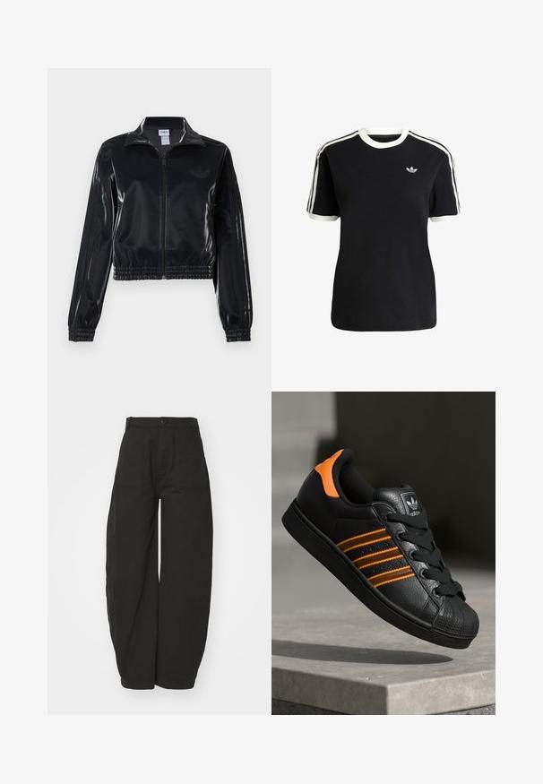 Černá lesklá sportovní bunda na zip s elastickými manžetami a lemem, s jemným trojpruhovým detailem na rukávech a tónovým logem na hrudi.; Černé bavlněné tričko s bílými akcenty na límci a rukávech, které má tři bílé pruhy na každém rameni a malé logo na hrudi.; Široké černé kalhoty vyrobené z bavlny, s vysokým pasem, předním zapínáním na knoflík a postranními kapsami pro praktičnost.; Černé tenisky s oranžovými akcenty, třemi horizontálními pruhy, texturovaným koženým svrškem, gumovou špicí a černými tkaničkami.