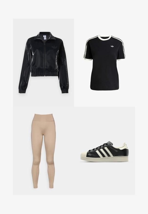 Zwarte glanzende zip-up trainingsjack met elastische mouwen en zoom, met subtiele drie-strepen details op de mouwen en een tonale logo op de borst.; Zwarte katoenen t-shirt met witte accenten op de kraag en mouwen, met drie witte strepen op elke schouder en een klein logo op de borst.; Lichtbeige leggings met een hoge tailleband, gemaakt van soepel, rekbaar materiaal, zonder zichtbare naden of patronen.; Zwarte leren sneaker met witte strepen, rubberen teenbescherming, zwarte veters en een crèmekleurige loopzool. Glad oppervlak met een glanzende afwerking.