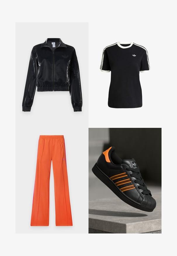 Schwarze, glänzende Trackjacke mit Reißverschluss und elastischen Bündchen und Saum, die dezente Drei-Streifen-Details an den Ärmeln und ein tonales Logo auf der Brust aufweist.; Schwarzes Baumwoll-T-Shirt mit weißen Akzenten am Kragen und an den Ärmeln, ausgestattet mit drei weißen Streifen auf jeder Schulter und einem kleinen Logo auf der Brust.; adidas Originals FIREBIRD - Jogginghose - orange/semi lucid fuchsia; Schwarze Sneaker mit orangen Akzenten, drei horizontalen Streifen, strukturiertem Lederobermaterial, Gummikappe und schwarzen Schnürsenkeln.