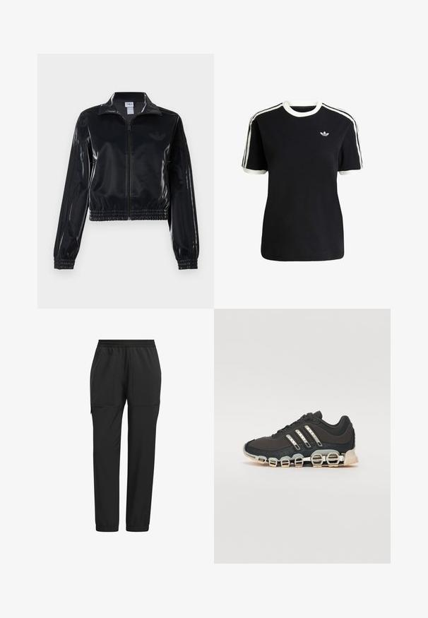 Black glossy zip-up track jacket with elastic cuffs and hem, featuring subtle three-stripe detailing on sleeves and a tonal logo on chest.; Black cotton t-shirt with white accents on the collar and sleeves, featuring three white stripes on each shoulder and a small logo on the chest.; adidas Performance GO-TO HYBRID - Tracksuit bottoms - black; Black athletic shoe with a textured upper, three silver stripes, and a distinctive cushioning sole featuring multiple integrated sections.