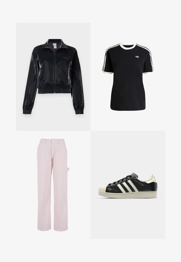 Chaqueta de chándal negra y brillante con cremallera, puños y dobladillo elásticos, que presenta un sutil detalle de tres rayas en las mangas y un logotipo tono sobre tono en el pecho.; Camiseta de algodón negra con acentos en blanco en el cuello y las mangas, que presenta tres rayas blancas en cada hombro y un pequeño logo en el pecho.; Pantalones de algodón rosa claro con corte recto, que cuentan con un cierre de botón y un bolsillo cargo lateral. Textura suave y detalles de diseño mínimos.; Zapatilla de cuero negro con rayas blancas, puntera de goma, cordones negros y suela color crema. Textura suave con acabado brillante.