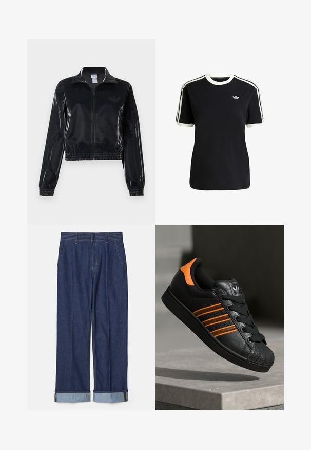 Musta kiiltävä vetoketjullinen urheilutakki, jossa on joustavat hihansuut ja helma, jossa on huomaamaton kolmitahoinen yksityiskohta hihoissa ja sävyttävä logo rinnassa.; Mustat puuvillapaidat, joissa on valkoiset yksityiskohdat kauluksessa ja hihoissa, jossa on kolme valkoista raitaa kummallakin olkapäällä ja pieni logo rintataskussa.; Tummansiniset farkut suoralinjaisella tyyliillä, joissa on viisi taskua ja käännetyt lahkeet vaaleansinisin kontrastitikkauksin.; Musta sneaker oransseilla yksityiskohdilla, kolme vaakasuuntaista raitaa, tekstuuri-nahkapinta, kuminen varvaskansi ja mustat nauhat.