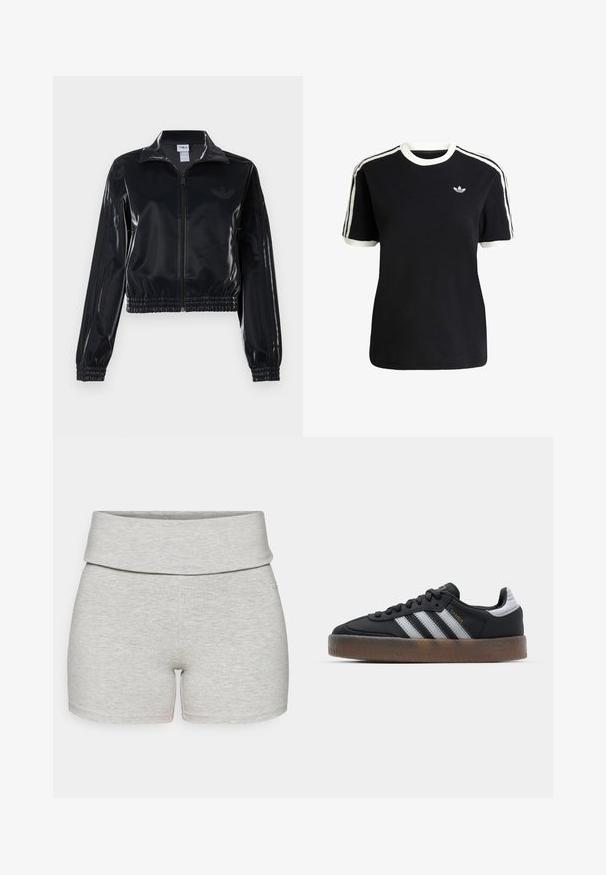 Černá lesklá sportovní bunda na zip s elastickými manžetami a lemem, s jemným trojpruhovým detailem na rukávech a tónovým logem na hrudi.; Černé bavlněné tričko s bílými akcenty na límci a rukávech, které má tři bílé pruhy na každém rameni a malé logo na hrudi.; Světlé šedé bavlněné šortky s širokým, skládacím pasem. Hladká textura, přiléhavý střih a žádné viditelné kapsy ani další detaily.; Černé tenisky s elegantním designem, které mají tři bílé pruhy, černý jazyk a texturovanou hnědou gumovou podrážku. Akcenty zlatého písma.