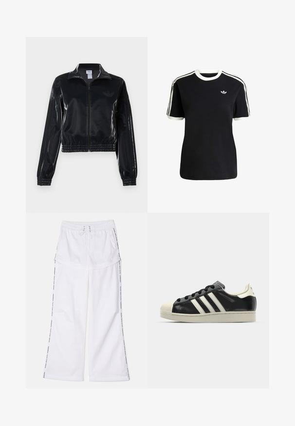 Czarna, błyszcząca kurtka sportowa na zamek błyskawiczny z elastycznymi mankietami i dołem, z subtelnym detalem w postaci trzech pasków na rękawach oraz stonowanym logo na klatce piersiowej.; Czarna bawełniana koszulka z białymi akcentami na kołnierzyku i rękawach, z trzema białymi paskami na każdym ramieniu oraz małym logo na piersi.; Białe spodnie szerokie z elastycznym pasem i sznurkiem. Posiadają boczne paski z tekstem oraz luźną, miękką strukturę.; Czarne skórzane trampki z białymi paskami, gumowym czubkiem, czarnymi sznurówkami i kremową podeszwą. Gładka faktura z połyskującym wykończeniem.
