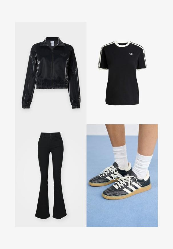 Black glossy zip-up track jacket with elastic cuffs and hem, featuring subtle three-stripe detailing on sleeves and a tonal logo on chest.; Black cotton t-shirt with white accents on the collar and sleeves, featuring three white stripes on each shoulder and a small logo on the chest.; Black flared jeans with a high waist, featuring two front buttons and a zipper. Made of a soft denim material with a smooth texture.; Black leather sneakers with white stripes, round toe, white laces, and gum rubber sole. Accentuated by padded collar and branding details.
