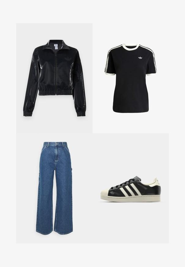Černá lesklá sportovní bunda na zip s elastickými manžetami a lemem, s jemným trojpruhovým detailem na rukávech a tónovým logem na hrudi.; Černé bavlněné tričko s bílými akcenty na límci a rukávech, které má tři bílé pruhy na každém rameni a malé logo na hrudi.; Široké modré džíny s vysokým pasem, kontrastním šitím a postranními kapsami, které mají klasický design s pěti kapsami a rozstřižené lemy.; Černé kožené sneakers s bílými pruhy, gumovou špičkou, černými tkaničkami a krémovou podešví. Hladký povrch s lesklým finišem.