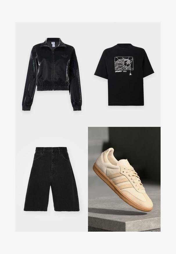 Čierna lesklá zipsová športová bunda s elastickými manžetami a spodným lemom, ktorá má jemné trojpruhové detaily na rukávoch a tonálny logotyp na hrudi.; Čierne tričko z bavlny s krátkymi rukávmi. Na prednej strane má biely grafický motív pavučiny a logo. Jednoduchý zaoblený výstrih.; Čierne džínsy šortky s vysokým pásom a širokým strihom, ktoré majú päť vreciek a zapínanie na gombík. Hladká štruktúra s minimálnym vyblednutím.; Svetlo béžová semišová teniska s gumovou podrážkou, tromi diagonálnymi pruhmi a textúrovaným špičkovým krytom. Obsahuje logo na jazyku a boku.