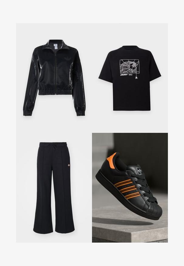 Melna spīdīga zip-up sporta jaka ar elastīgām piedurknēm un apakšmalu, ar smalku trīsrindu detaļu uz piedurknēm un tonālu logotipu uz krūšu daļas.; Melnā kokvilnas T-kreklā ir īsas piedurknes. Uz priekša ir balti zirnekļa tīkla grafika un logo. Vienkārša noapaļota izgriezne.; Melni platmas panti, izgatavoti no maiga auduma, ar aukliņu vidukļa joslu un mazu logotipa uzlīmi augšējā kreisajā pusē.; Melnas kedas ar oranžiem akcentiem, trīs horizontālas svītras, teksturēts ādas augšdaļa, gumijas purngala daļa un melnas auklas.